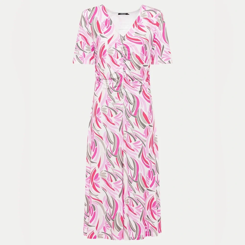 Olsen Pink Leaf Design Jersey Ruched Front Midi Dress Size Large - Picture 12 of 13